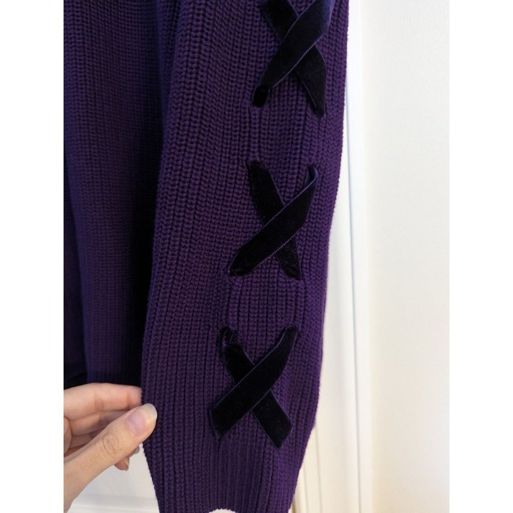 LRL Ralph Lauren Womens 2X Velvet Lace Up Sleeve Pullover Sweater Purple - Picture 2 of 9
